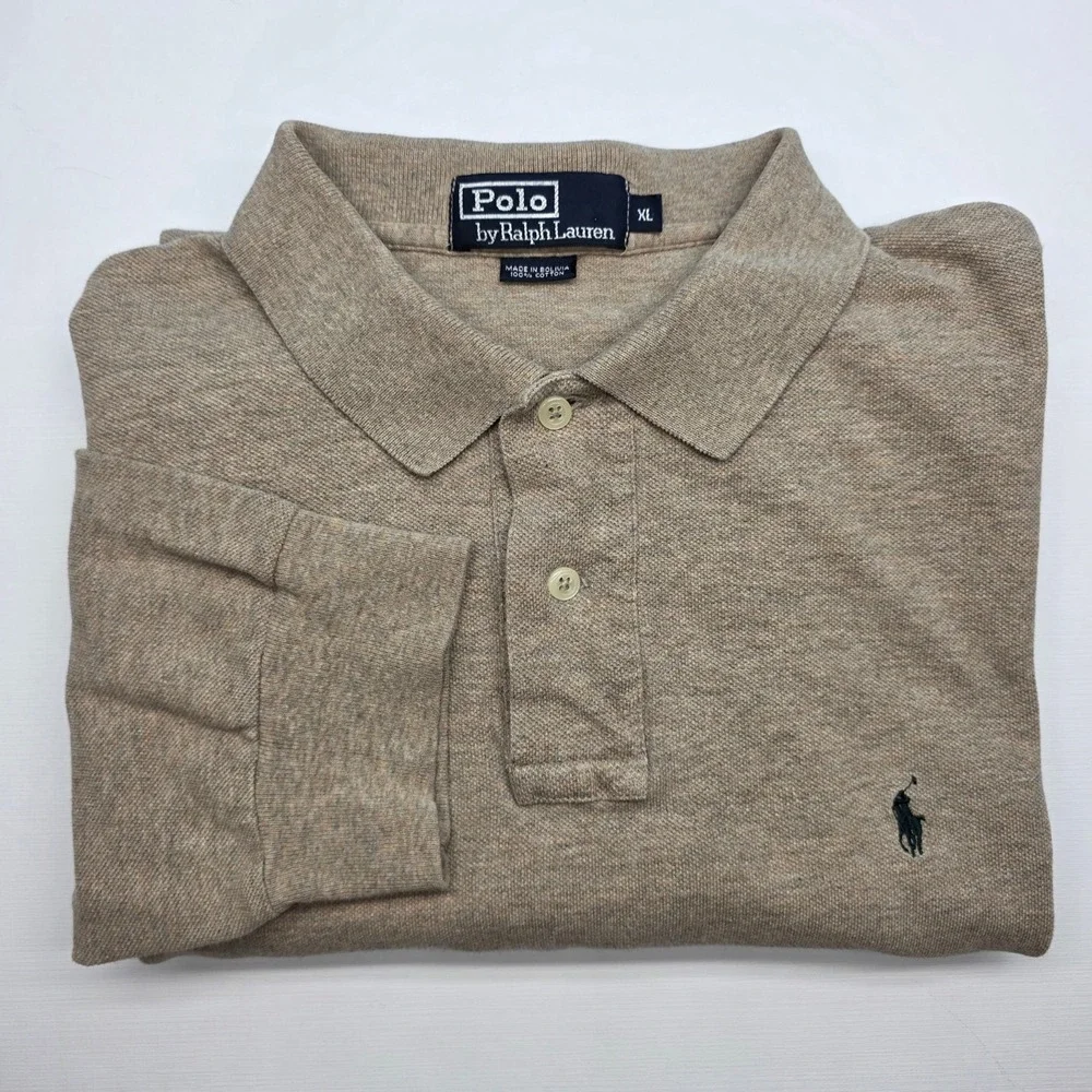 Polo Ralph Lauren Polo‎ Shirt Mens XL Long Sleeve Beige Tan Collared Neutral